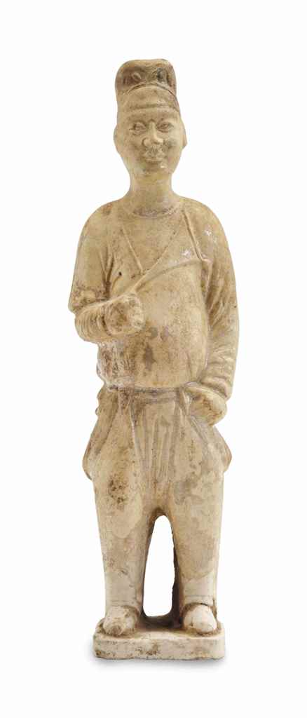 A CHINESE STRAW-GLAZED POTTERY FIGURE OF A MALE ATTENDANT,
TANG DYNASTY (618-907 AD),
modeled