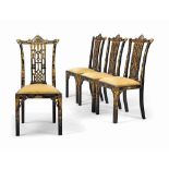 A SET OF FOUR ENGLISH BLACK AND GILT JAPANNED 'CHINOISERIE' SIDE CHAIRS
20TH CENTURY, OF GEORGE