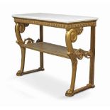 AN ITALIAN GILTWOOD CONSOLE TABLE
EARLY 19TH CENTURY
The later white marble top above an acorn and