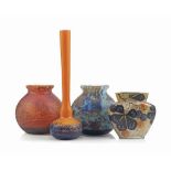 A MOTTLED GLASS SOLIFLEUR VASE
CIRCA 1930
With slender neck; together with two globular vases,