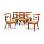 A SET OF EIGHT ITALIAN CHERRY WOOD DINING-CHAIRS
MID-19TH CENTURY
Each covered with close-nailed tan