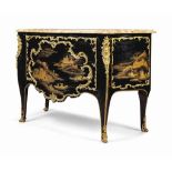 A LOUIS XV ORMOLU-MOUNTED BLACK AND GILT VERNIS MARTIN COMMODE
CIRCA 1740, IN THE MANNER OF