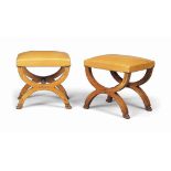 A PAIR OF ITALIAN BIRD'S-EYE MAPLE AND ROSEWOOD MARQUETRY X-FRAME STOOLS
ATTRIBUTED TO CHALON AND