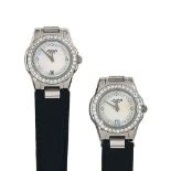 Two stainless steel diamond-set quartz wristwatches, by Jahan
Each mother-of-pearl dial with diamond