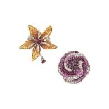 Two diamond and gem-set flower rings
The first modelled as a rose composed of pavé shaded ruby and