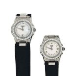 Two stainless steel diamond-set quartz wristwatches, by Jahan
The first with circular mother-of-