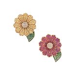 Two diamond and gem-set flower rings, by Chatila
Each designed as a flowerhead with pavé diamond