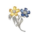 A sapphire and diamond brooch
The single-cut diamond stems and leaves to a sapphire flowerhead