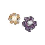 Three diamond, coloured diamond and gem rings
Of flowerhead design, comprising: one with cultured