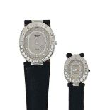 Two diamond-set quartz wristwatches, by Robergé
Each oval silvered dial with diamond hour markers,