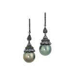 A pair of cultured pearl, diamond and coloured diamond earpendants
Each designed as a grey