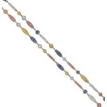 Three sapphire and diamond bracelets
Each of alternating barrel, bead or bullet-shaped linking