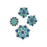 A turquoise, sapphire and diamond earring and brooch suite, and a turquoise, sapphire and diamond