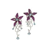 A pair of ruby, aquamarine and diamond earrings, by Chatila
Each designed as a pavé ruby