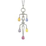 A diamond and multi-coloured sapphire pendant
Of articulated geometric openwork design, set with