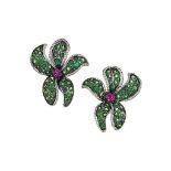 A pair of ruby, green garnet and diamond earrings, by Jahan
Modelled as stylised orchids, each