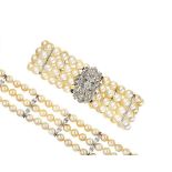 Three cultured pearl and diamond bracelets
The first composed of four rows of cultured pearls to a