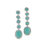 A pair of 18ct white gold, turquoise and diamond pendent earrings
Each oval cabochon turquoise and