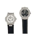 Two stainless steel diamond-set quartz wristwatches, by Jahan
The first with circular black dial,