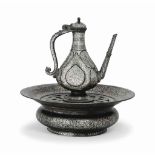 A BIDRI SILVER-INLAID EWER AND BASIN   DECCAN, INDIA, 19TH CENTURY