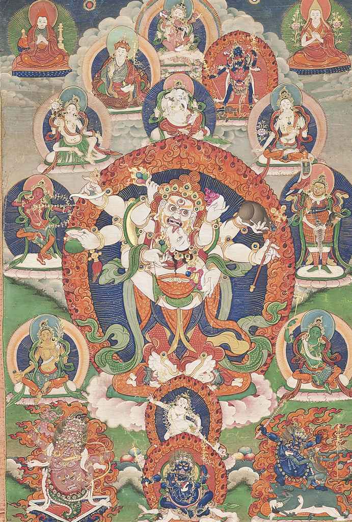 A THANGKA DEPICTING WHITE MAHAKALA
19TH-20TH CENTURY
The eight-armed deity is standing to the