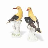 A PAIR OF MEISSEN (OUTSIDE DECORATED) MODELS OF GOLDEN ORIOLES
1963-63, BLUE CROSSED SWORDS MARKS