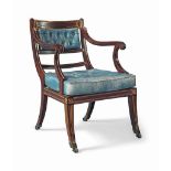 A REGENCY PARCEL GILT SIMULATED ROSEWOOD ARMCHAIR
EARLY 19TH CENTURY
With cane seat and blue leather