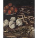 Spanish School, 17th Century
Apples on a pewter platter, cabbages, leeks, aubergines and other