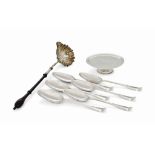 A SET OF SIX GEORGE II HANOVERIAN PATTERN SILVER TABLESPOONS WITH SHELL AND SCROLL BACKS
MARK OF