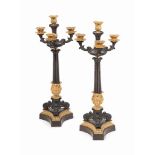 A PAIR OF FRENCH GILT-BRONZE AND PATINATED FOUR LIGHT CANDELABRA
MID-19TH CENTURY
Each with lotus