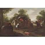 Roman School, 18th Century
A wooded landscape with bandits attacking a horse-drawn cart
oil on