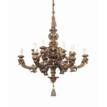 AN ENGLISH GILTWOOD TWELVE LIGHT CHANDELIER
OF GEORGE I STYLE, LATE 19TH CENTURY
With two tiers of