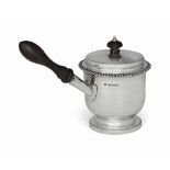 A GEORGE III SILVER COVERED BRANDY SAUCEPAN
MARK OF WILLIAM ELLIOT, LONDON, 1819
With flared rim