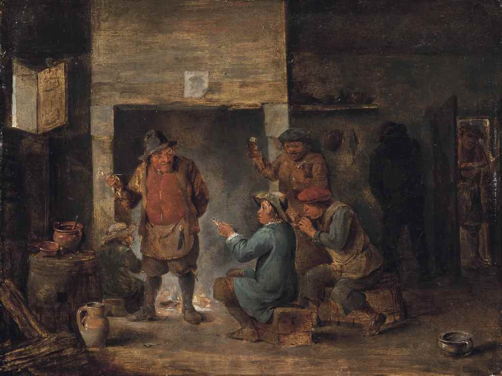 Follower of David Teniers II
Peasants in a tavern smoking and drinking
signed with initial 'T' (