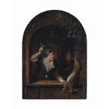 Follower of Jan van Mieris
A man holding a roemer filled with white wine at a window, with a hare