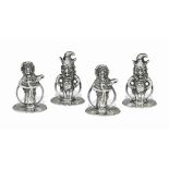 A SET OF FOUR SILVER PUNCH AND JUDY MENU HOLDERS
MARK OF HORACE WOODWARD & CO. LTD., LONDON, 1910