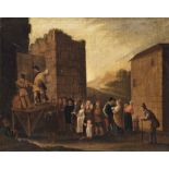 Follower of Johannes Lingelbach
Actors of Commedia dell'arte performing before a village
oil on