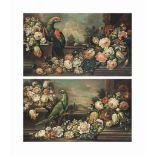 Italian School, 19th century
A pair of still life's with birds, tulips, roses, chrysanthemum's and