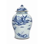 A LARGE CHINESE BLUE AND WHITE JAR AND RELATED COVER
EARLY 18TH CENTURY
The jar decorated with