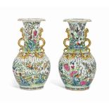 A PAIR OF CHINESE FAMILLE ROSE VASES
19TH CENTURY
Each vase with a foliate rim and applied with