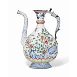 A CHINESE PAINTED ENAMEL 'PEAR-SHAPED' EWER
EARLY QIANLONG
The moulded body of the ewer delicately