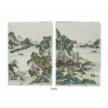 TWO CHINESE FAMILLE ROSE 'LANDSCAPE' PANELS
20TH CENTURY
Each panel is painted with various