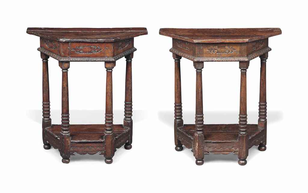 A PAIR OF CHARLES I OAK SIDE TABLES
MID 17TH CENTURY
Each with canted sides and top, the frieze with