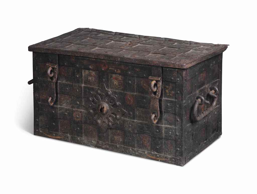 A GERMAN IRON 'ARMADA' CHEST
17TH CENTURY
Of riveted strap-work construction with false front