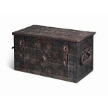 A GERMAN IRON 'ARMADA' CHEST
17TH CENTURY
Of riveted strap-work construction with false front