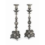 A PAIR OF CONTINENTAL SILVER ALTAR CANDLESTICKS
ONE WITH AN INDISTINCT MARK AND BOTH WITH ZIGZAG