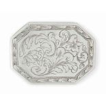 A WILLIAM III SILVER DOUBLE-LIDDED SNUFF BOX
APPARENTLY UNMARKED, CIRCA 1700
Rectangular with canted