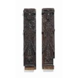 A PAIR OF ENGLISH OAK TERM PANELS
EARLY 17TH CENTURY
Each carved as a pair of caryatids supporting