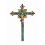 AN ITALIAN COPPER-ALLOY CRUCIFIX FIGURE ON A MALACHITE VENEERED CROSS
THE CORPUS 17TH CENTURY, THE