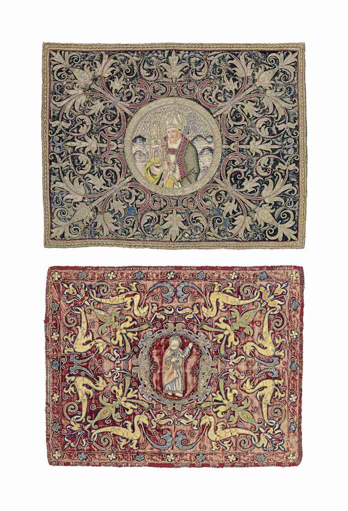 A PAIR OF ITALIAN METAL-THREAD AND SILK EMBROIDERED PANELS
17TH CENTURY
One with the central